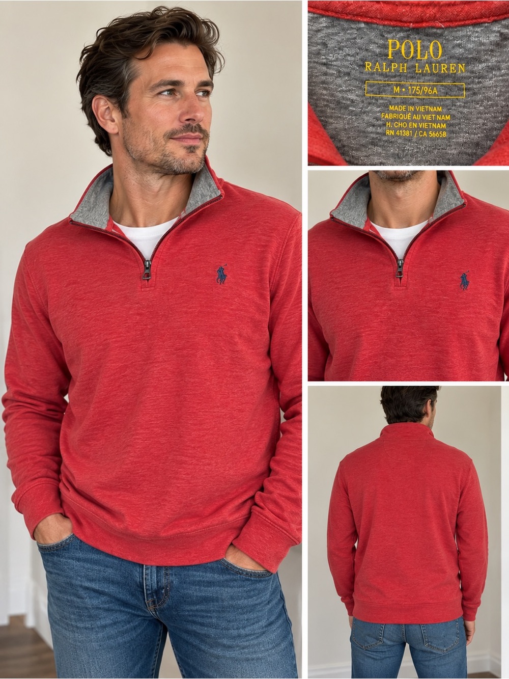 Polo by Ralph Lauren Men’s Heather Red Quarter-Zip Sweater with Gray Collar